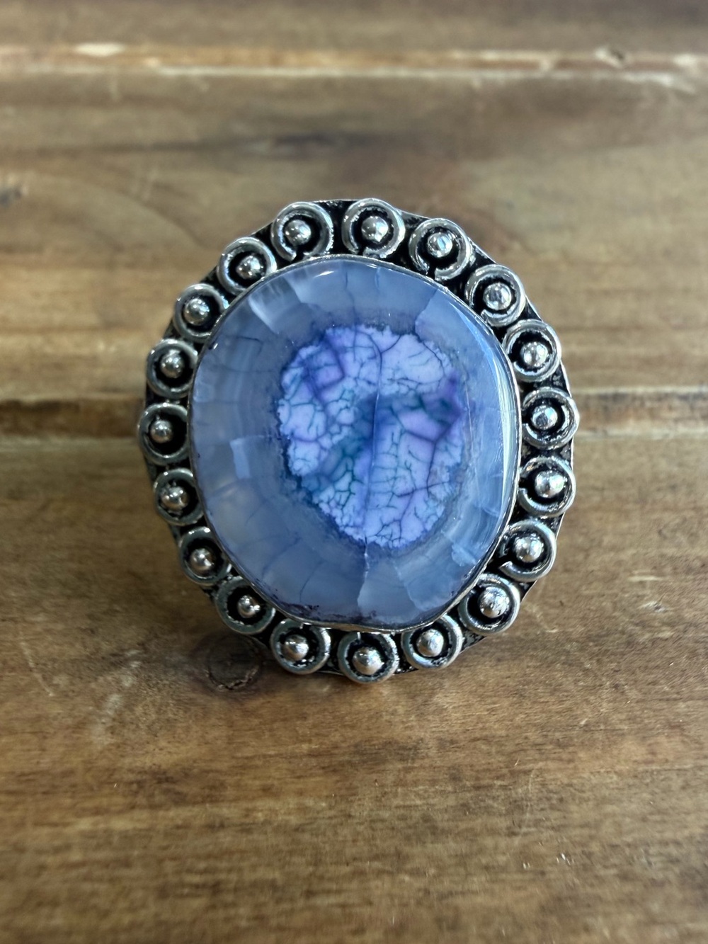 Vintage Style Lavender Blue Agate Gemstone Ring Size 9 Silver Jewelry Plated